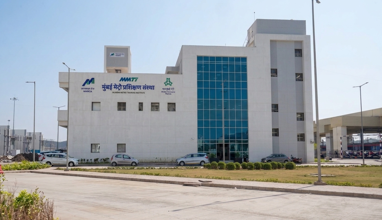 The principal building of the Mumbai Metro Training Institute viewed from across the forecourt; white concrete facade with a central glass curtain wall, MMTI signage visible alongside MMRDA and Maha Mumbai Metro identifiers, with metro depot infrastructure on the right.